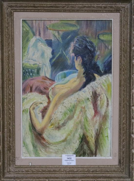 French School, oil on canvas, Seated female nude, unsigned, 40 x 26cm